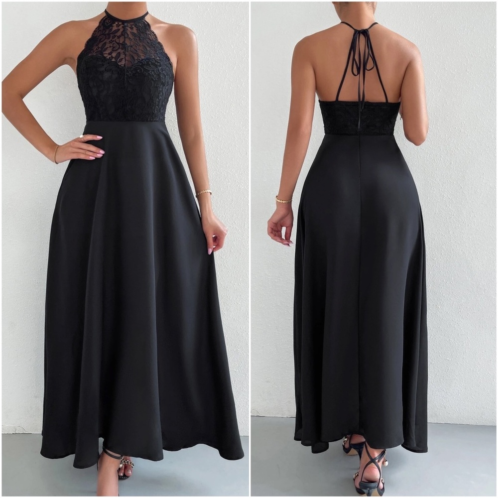 Luxe Floral Halter Lace Party Formal Maxi Dress
